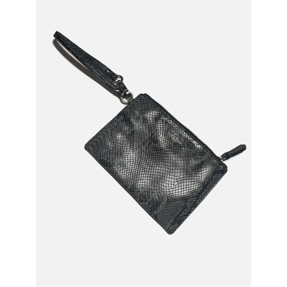 Cole Haan Zip Pouch Womens Medium Black Snake Print Leather Wristlet Chelsea II